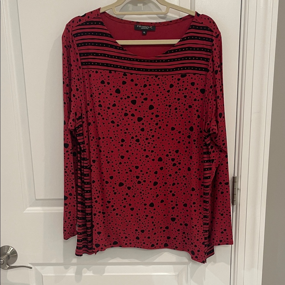 Red Long-Sleeve Dot & Stripe Print Tee